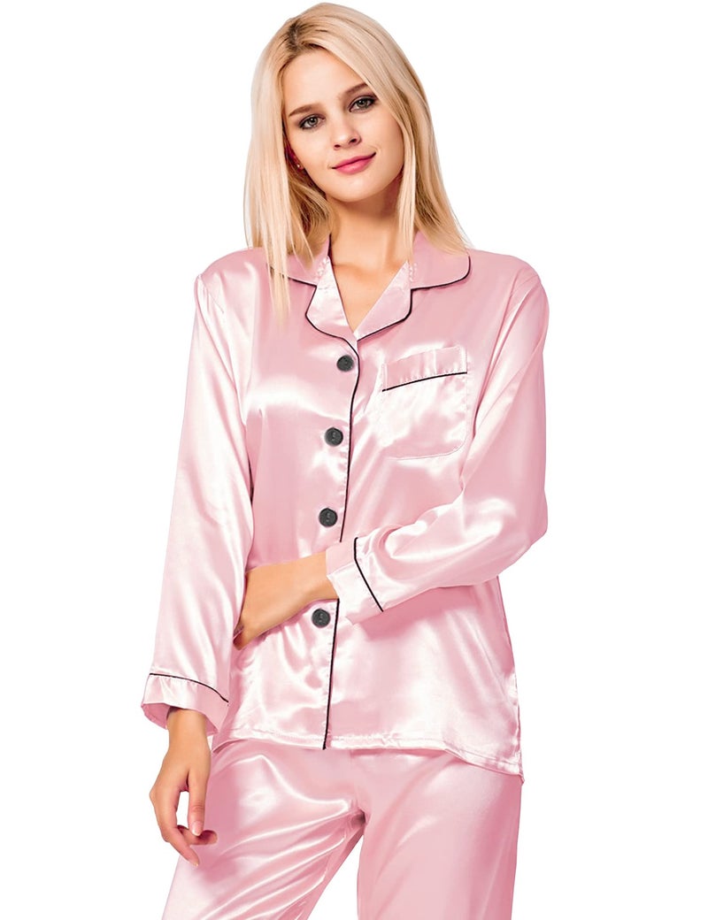 SWOMOG Womens Silk Satin Pajamas Long Sleeve Loungewear Two-piece Sleepwear Button-Down Pj Set Pink - Image 2